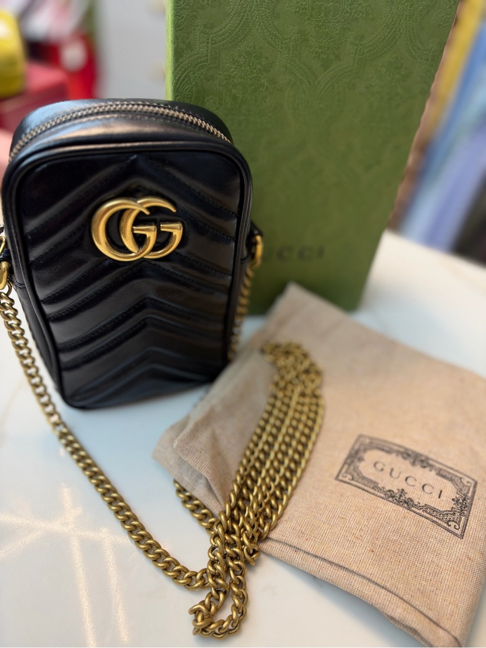 Gucci Black Marmont CellPhone Crossbody with Gold GG with Box & Dust Bag